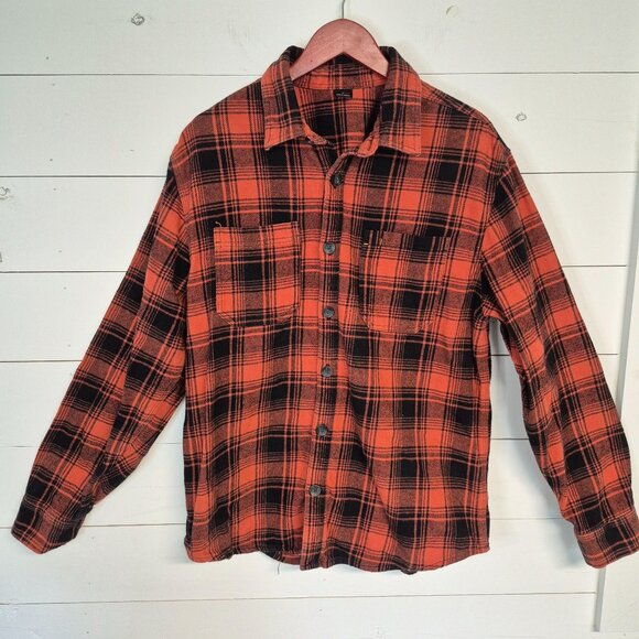 Brahma Mens Rust & Black Plaid Button-Up Flannel Shirt M 100% Cotton Casual Long - Picture 1 of 6